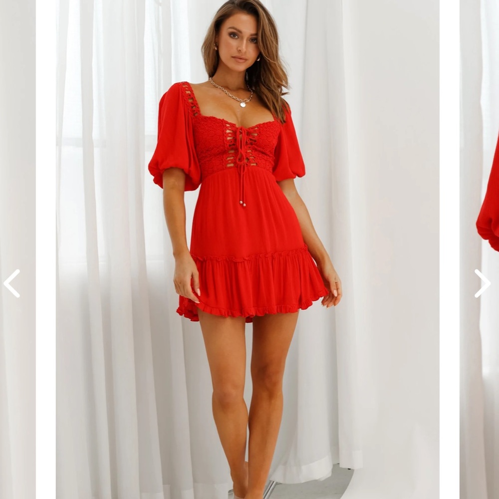 Selfie Leslie Red Lace-Up Puff Sleeve Mini Dress
